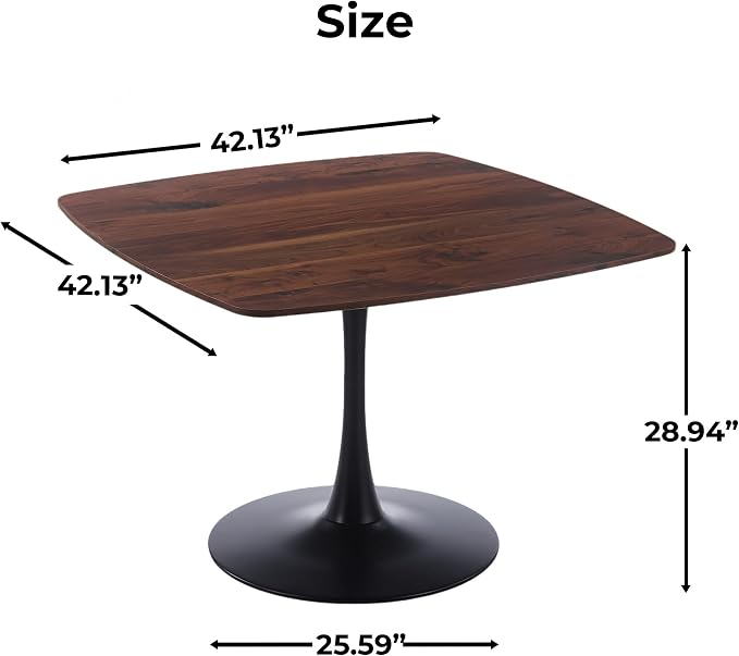 41.12" Walnut Tulip Table, Square Dining Table for 6, Mid Century Modern Bistro Table with Tulip Shape & Metal Pedestal Base