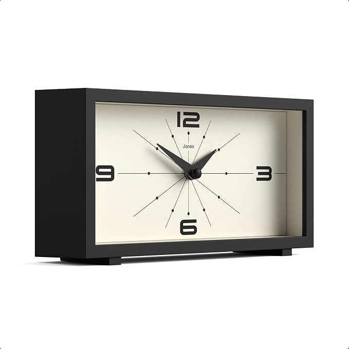 JONES CLOCKS® Odeon Desk Clock | Modern Rectangular Design | Black | Stylish Retro Look for Shelf, Table, Mantel or Bedside