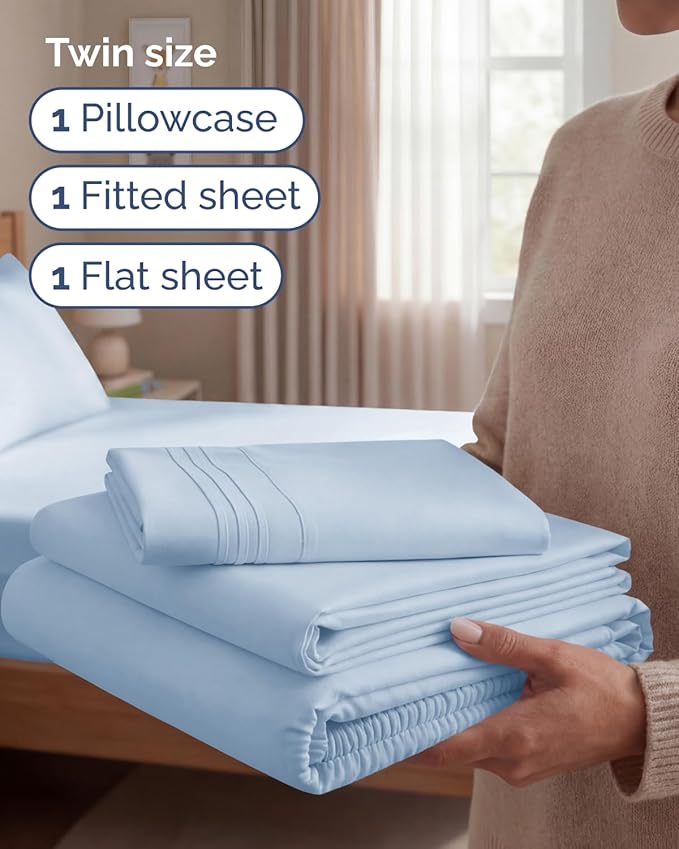Twin Size 3 Piece Sheet Set - Comfy Breathable & Cooling Sheets - Hotel Luxury Bed Sheets for Women & Men - Deep Pockets, Easy-Fit, Extra Soft & Wrinkle Free Sheets - Sky Blue Oeko-Tex Bed Sheet Set