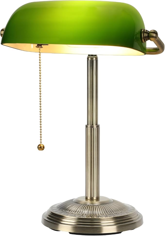 LINNMON Bankers Desk Lamp, Green Retro Lamp, Vintage Lamp with Pull Chain Switch for Home Office (Brass+Green)