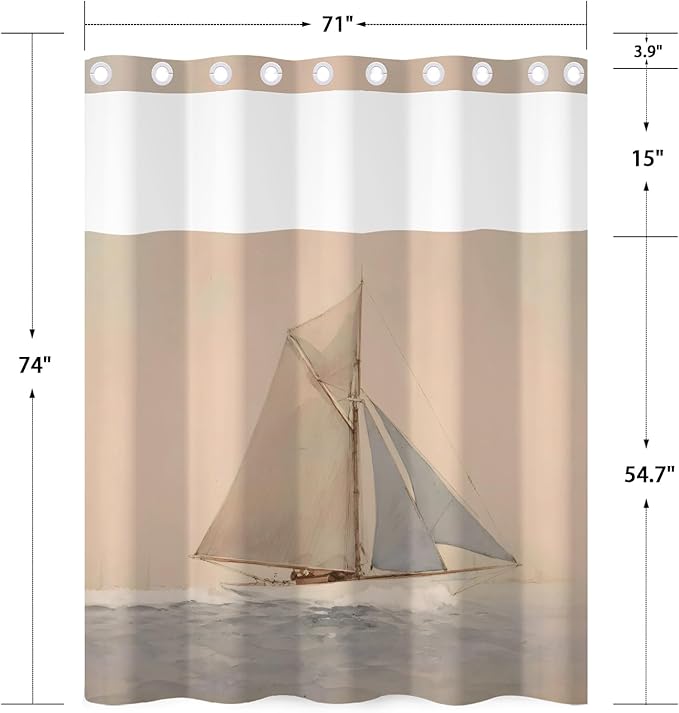 No Hook Shower Curtain with Removable Snap in Liner, Nautical Sailboat Coastal Ocean Sail Print, 71W x 74H Waterproof Fabric Double Layer Bath Curtain with Mesh Top for Bathroom