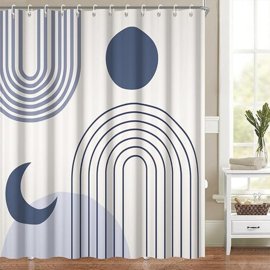 Boho Shower Curtain for Bathroom Modern Minimalist Neutral Bathroom Decor Set Blue Stripes Abstract Sun Moon Chic Aesthetic Bathtub Curtains Washable Waterproof Polyester Fabric with Hooks 54x72 Inch