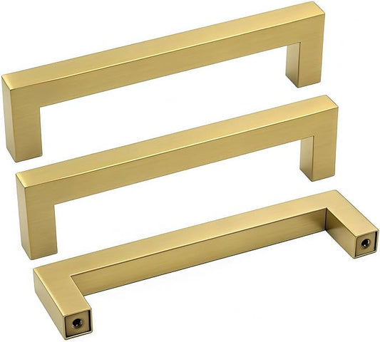 Goldenwarm Gold Cabinet Pulls Brushed Brass Drawer Pulls 1 Pack - Goldenwarm J12GD102 Gold 4inch Kitchen Cabinet Handles Square Bar Pulls Antique Brass Bathroom Cabinet Hardware 4 inch Hole Spacing