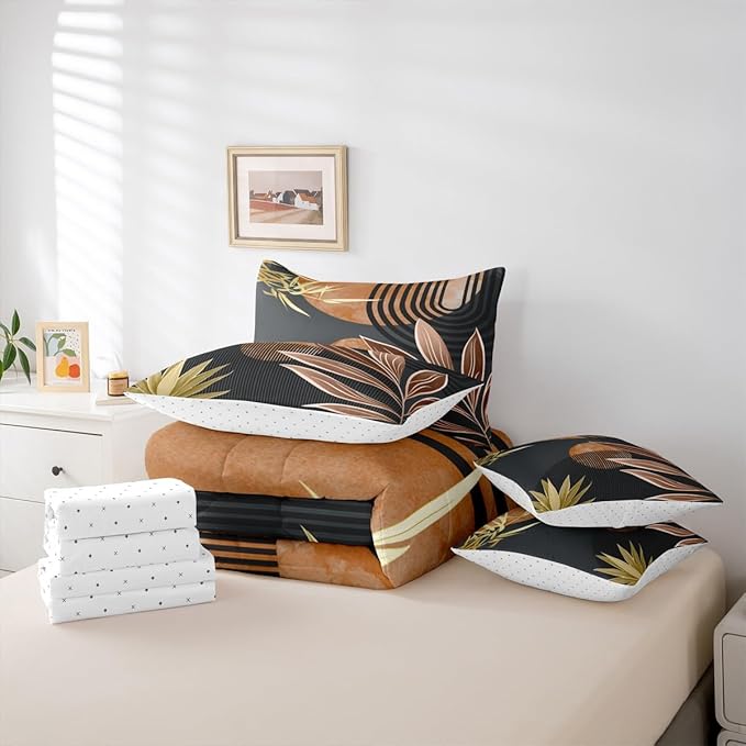 Erosebridal 7 Piece Boho Mid Century Bedding Sets Twin Modern Minimalist Simplistic Comforter Set,Retro Geometric Aesthetic Bed in a Bag Line Art Sheet Set with Comforter,Brown Black