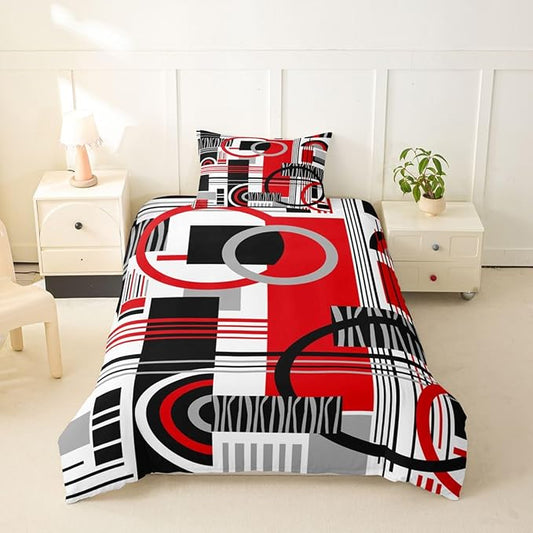 Art Deco Mid Century Duvet Cover Set Retro Modern Abstract Geometric Girl Toddler Bedding Set for Preteen Boys Girls Black and White Red Circles Stripes Comforter Cover Contemporary Bed Sets