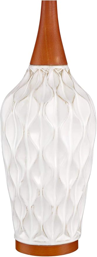 360 Lighting Rocco Mid Century Modern Table Lamp 30" Tall White Wave Geometric Ceramic Oak Wooden Neck Tan Fabric Drum Shade for Cottage Core Living Room Bedroom House Bedside Nightstand Home Office