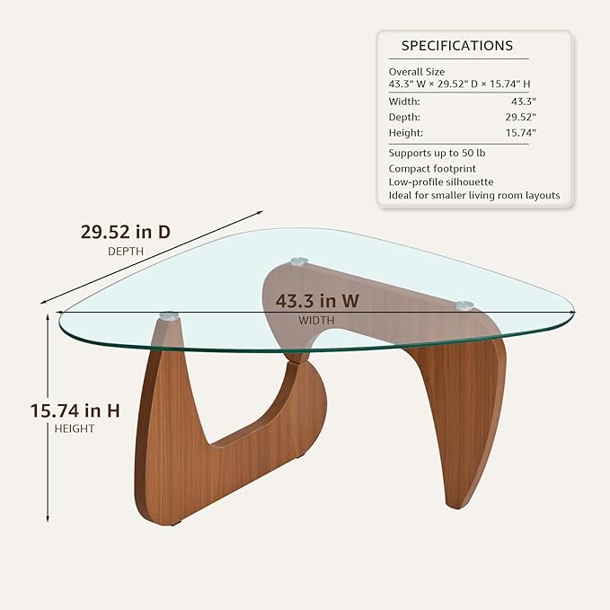 43.3" Triangle Coffee Table with Clear Glass Top and MDF Wood Base, Walnut Glass Coffee Table for Living Room, Mid Century Modern Center Table for Apartment, Sofa, Lounge, Reception