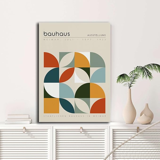 AnenaXean Canvas Art Poster Bauhaus Exhibition Poster Geometric Print Abstract Wall Art Mid Century Modern Beige Orange Sage Decor Modern Home and Bedroom Decoration 16x24inch wood Frame