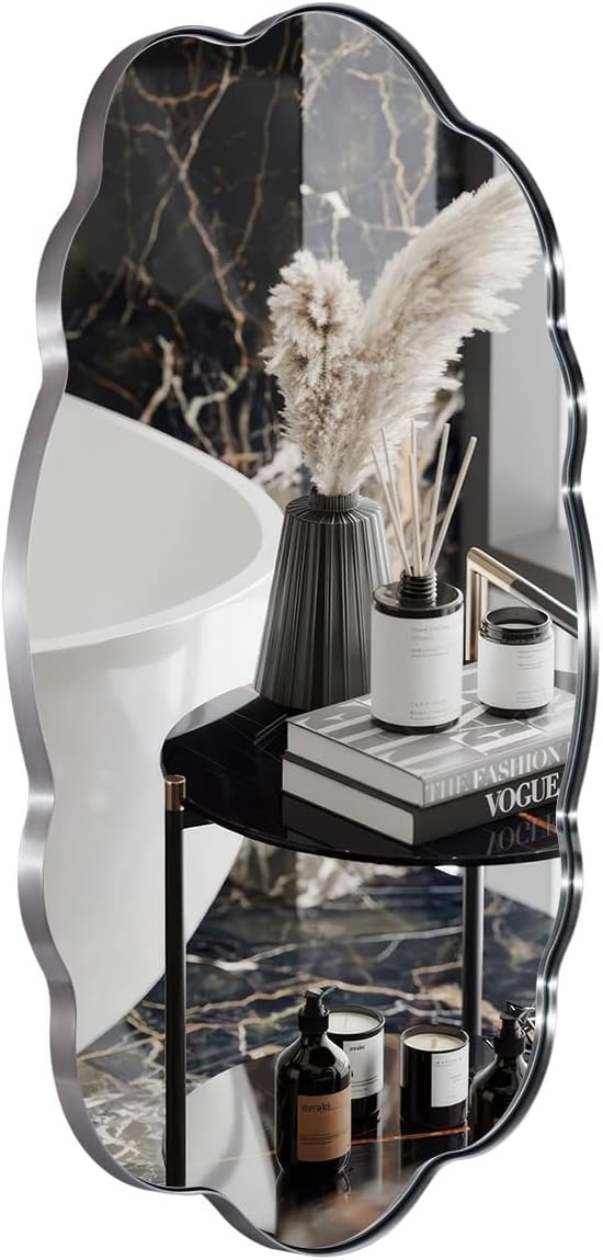 ANDY STAR Chrome Wavy Oval Bathroom Mirror - 30x48 Inch Large Scalloped Bathroom Mirror, Unique Irregular Design with Polished SUS Metal Frame