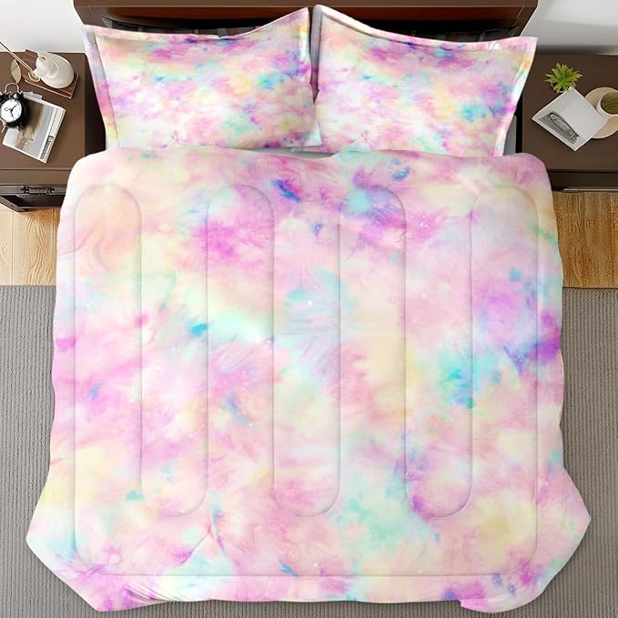 Tie Dye Twin Comforter Set, Unicorn Galaxy Colorful Bedding Set 2 Piece, All Season Soft Toddlers Children Adults Bedroom Bed Decoration Comforter and 1 Pillow Shams