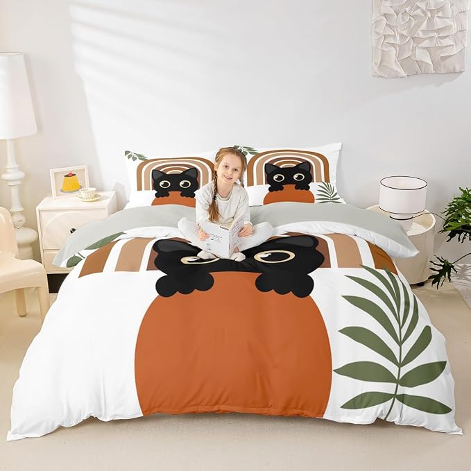 Erosebridal Cartoon Cat Comforter Cover Twin Vintage Mid Century Bedding Set Modern Minimalism Animal Duvet Cover for Kids Girls Boys Adults Boho Abstract Geometric Bed Set