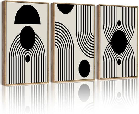 Drsoum Black and White Abstract Framed Wall Art Decor Duotone Minimal Dark Brush Stroke Prints Shapes Illustrations Modern Art Decorative Ready To Hang - 11x14in Natural Framed