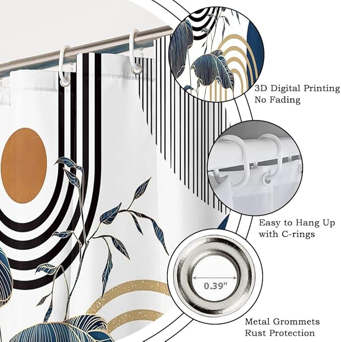 Mid Century Boho Shower Curtain for Bathroom Modern Abstract Minimalist Bathroom Decor Set Blue Gold Leaf Sun Arch Bathtub Curtains Machine Washable Waterproof Polyester Fabric with Hooks 70x72 Inch