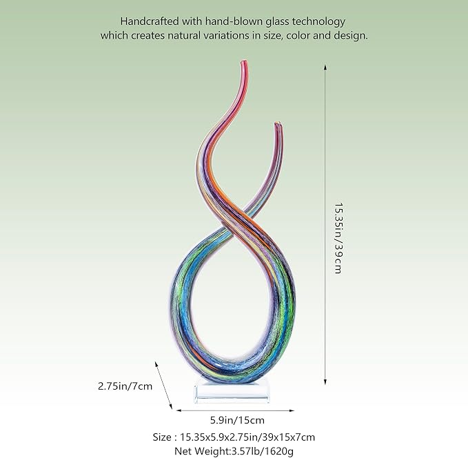 Hand Blown Murano Style Glass Sculpture, 14" Double Spiral Infinity Music Note Figurine Collectible, Modern Abstract Home Decor for Living Room Office Aquarium, Unique Gift for Art Lovers