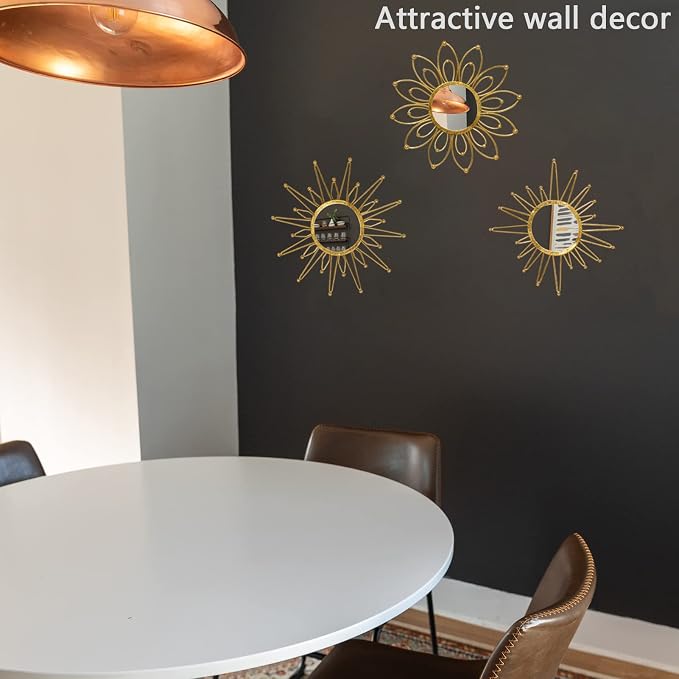Mirror Wall Decor Gold Mirrors for Wall Metal Sunburst Mirrors Home Decoration Wall Art Decorative Mirror Suitable for Living Room Bedroom Entrance Set of 3