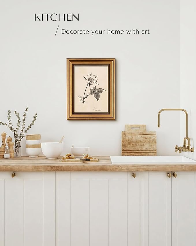 HUARCEY Gold Framed Vintage Wall Art for Living Room, Flowers Painting Prints Shelf Decor for Kitchen, Aesthetic Bedroom Wall Art, Best Gifts for Friends or Family - Dog Rose 10L x 8W