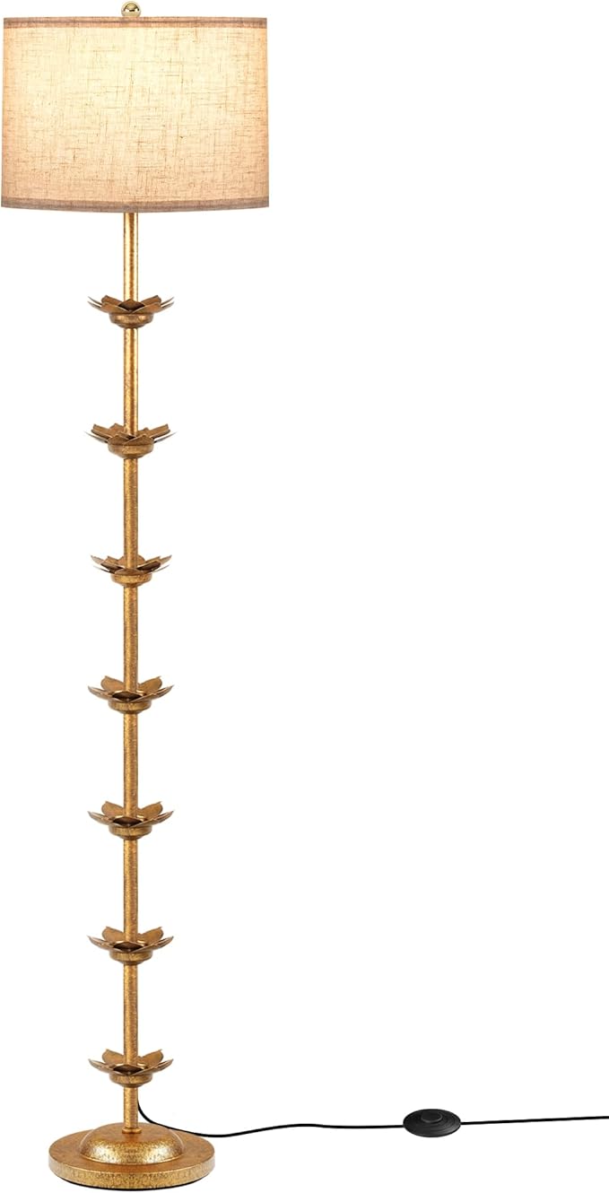 63.8” Floor Lamp with Landen Leaf, Antique Gold Standing Lamp with Foot Switch, Metal, Beige Linen Drum-Shaped Shade, Bulb Not Included, for Bedroom, Living Room D20LD05