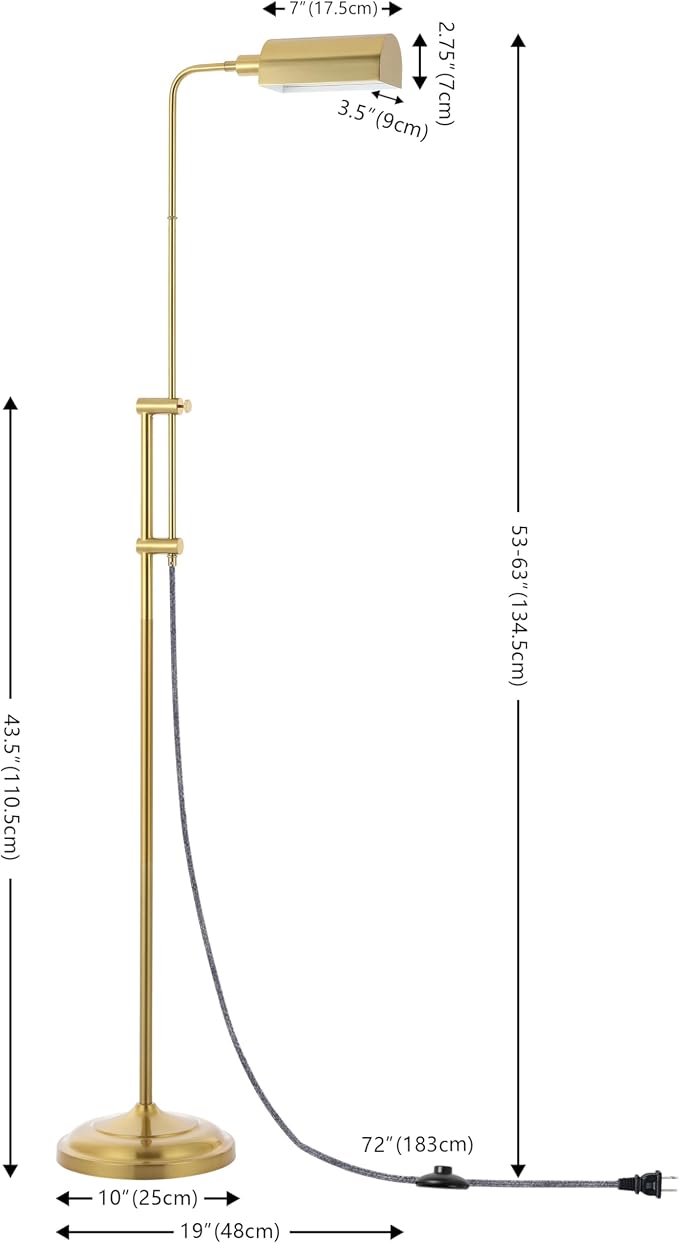 JONATHAN Y 63"-63" Brass Gold Industrial Iron Pharmacy LED Floor Lamp, Height-Adjustable Minimalist Standing Task Lamp for Living Room, Office, UL Listed, LED Bulb Included JYL3095A