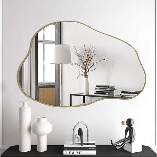 POZINO Gold Irregular Mirror, 30"x20.5" Cloud Shaped Mirrors, Asymmetrical Wall Mirror, Modern Abstract Frameless Mirrors for Living Room Bathroom Bedroom Entryway