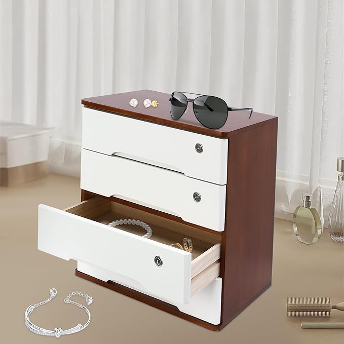 Wooden Desk Organizer with Drawers & Lock Desktop Storage Cabinet Tabletop Organizing Unit for Home Office Supplies File Stationery Jewelry (Dark Brown, 4 Tiers)