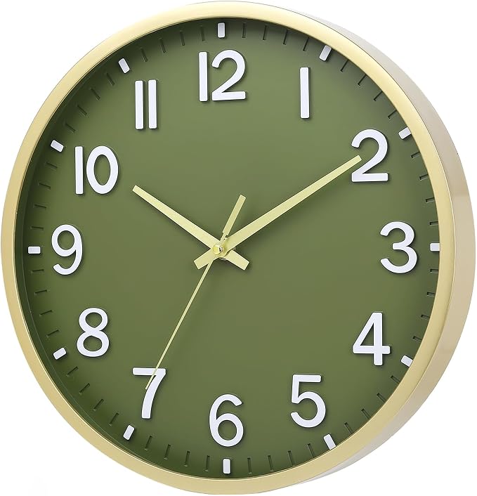 Wall Clocks Battery Operated 10 inch Modern Wall Clock,Silent Non Ticking Wall Clock for Living Room Bedroom Kitchen Office Classroom Decor (Green Gold)