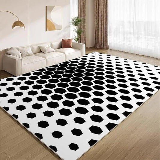 Modern Geometric Area Rugs, Black White Honeycomb Carpet, Washable Non Slip Low Pile Soft Rug for Living Room Bedroom Decor Mat 6x8ft