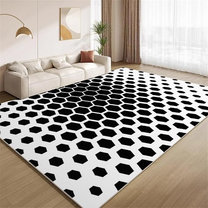 Modern Geometric Area Rugs, Black White Honeycomb Carpet, Washable Non Slip Low Pile Soft Rug for Living Room Bedroom Decor Mat 6x9ft