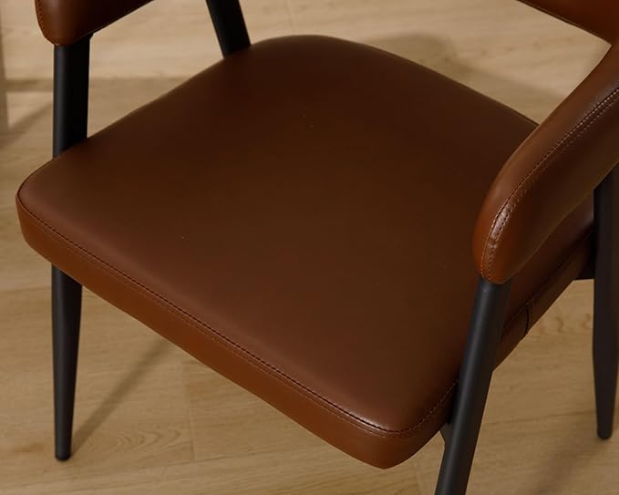 HNY Modern Dining Room Arm Chairs Set of 6, Retro Faux Leather Upholstered Barrel Dining Chairs with Arms Mid-Century Brown Accent Chair with Metal Legs, Open-Back Kitchen Side Chair for Living Room