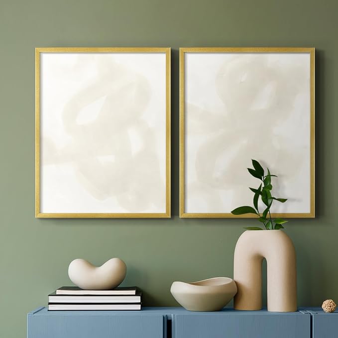 Renditions Gallery Set of 2 Peel & Stick Framed Prints, Abstract Wall Art, Beige and White Aesthetic Wall Decor, Re-Stickable - Ready to Hang - 16"x20" - GOLD Frame LT588