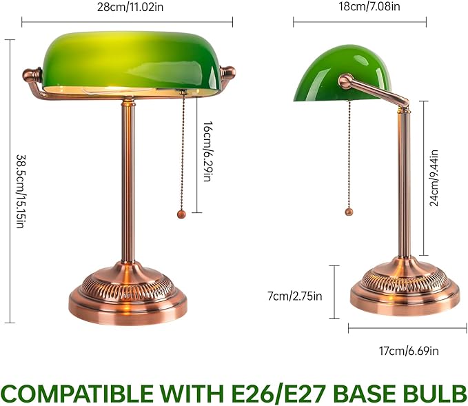 FIRVRE Green Glass Bankers Desk Lamp, Traditional Banker's Lamp, Vintage Lamp with Pull Chain Switch, Retro Table Lamps for Home Office, Library, Piano