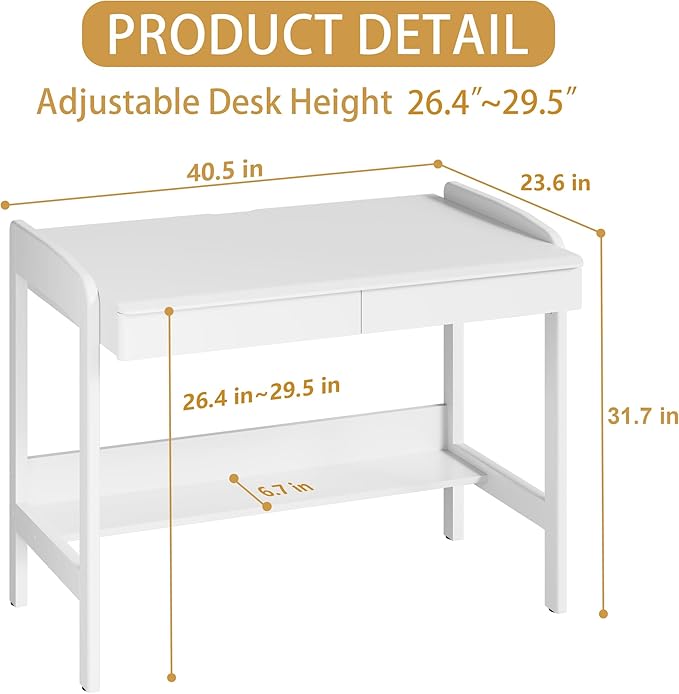 100% Solid Wood Desk with Drawers - 40 Inch Simple Modern Desks, Writing Desk with Drawers & Shelf, Work Study Table, Adjustable Height Home Office Computer Desks - White
