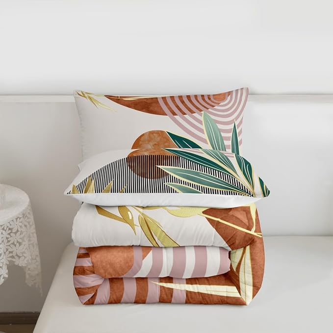 Erosebridal Boho Mid Century Comforter Set Queen Vintage Bedding Set for Boys Girls,Abstarct Retro Stripes Down Comforter Modern Minimalist Simplistic Duvet Insert,Brown Room Decor