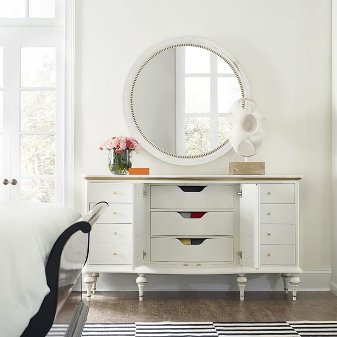 sawsile Rustic Farmhouse Mirror,24" White Natural Wooden Circle Wall Mirror,Round Decorative Wall Hanging Mirror with Beads for Bedroom, Living Room or Entryway