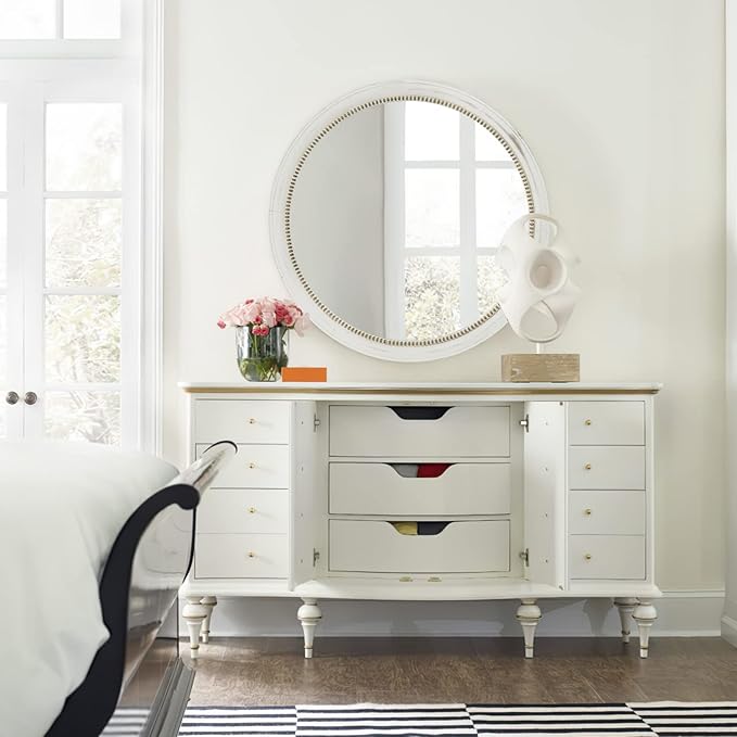 Rustic Farmhouse Mirror,32" White Natural Wooden Circle Wall Mirror,Round Decorative Wall Hanging Mirror with Beads for Bedroom, Living Room or Entryway