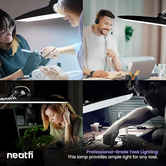 Neatfi XL Nail Desk Lamp with Clamp, 2200 Lumens, 20-Inch Wide Head, Dimmable 4 Levels, 6500K, LED Task Light for Manicure Table, Crafts, Workbench, Office (Non-CCT with Base, Black)