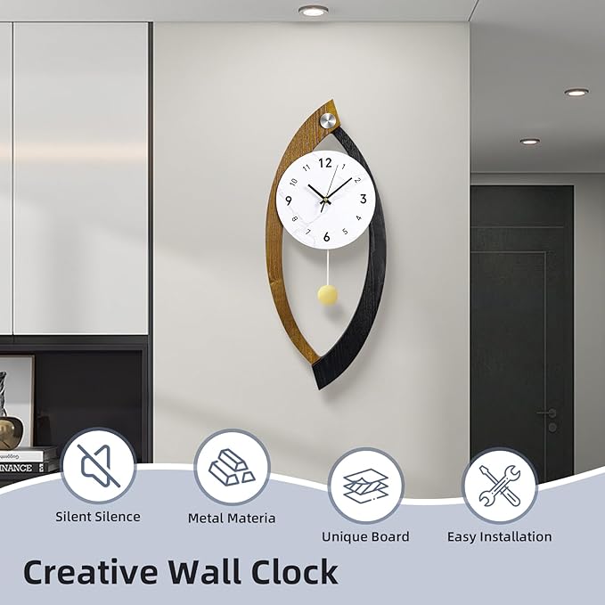 23.6 x 9.8inch Decorative Wall Clocks with Pendulum, Large Modern Solid Wood Frame Unique Clock for Wall Decor Living Room,Kitchen,Home,Bathroom,Bedroom - Battery Operated, Silent, Non-Ticking