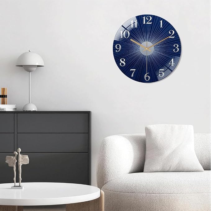 12 Inch Navy Sunburst Glass Wall Clock Silent Modern Art Decor | Silent glossy clock with deep blue sunburst and silver numbers, elegantly tracking time for your modern living room