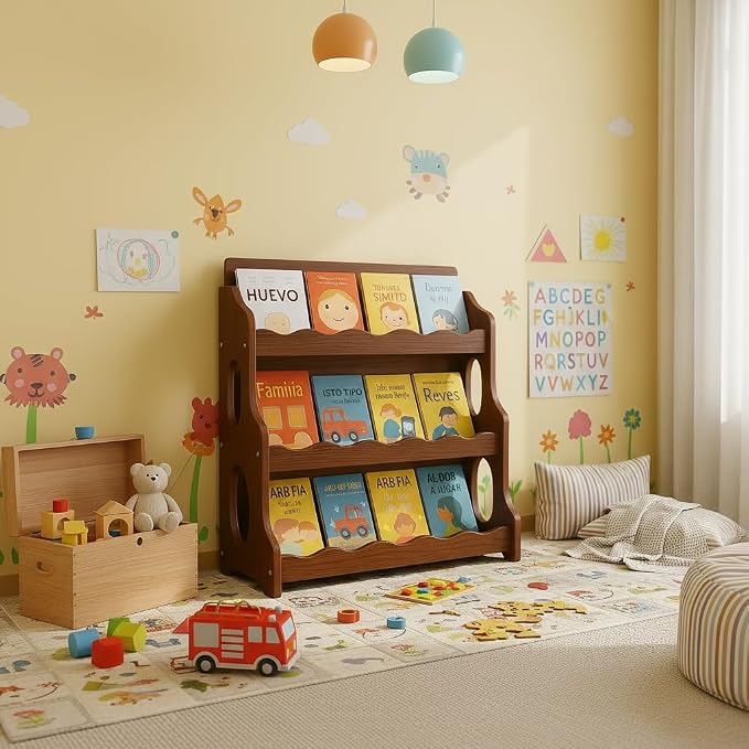 Kids Bookshelf Wooden Montessori Book Shelf Dutch Design 3Tier Scalloped,RedWalnutWood GrainPattern