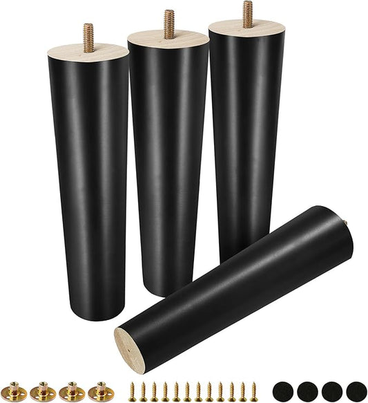 FoDau770 Black Rubber Wood Furniture Legs 9 Inches, Straight Tapered Wood Feet Mid Century Sofa Legs Set of 4, 5/16" UNC Furniture Feet for Cabinet Couch Dresser Chair Ottoman Table