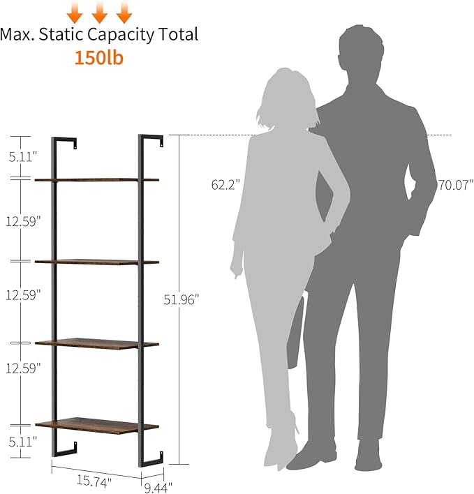 4 Tier Industrial Ladder Bookshelf 15.74" Dx9.44 Wx49.99 H, Wall Mounted Bookcase with Metal Frame for Home Office, Living Room, Study，Brown
