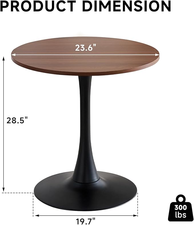 23.6" Round Dining Table for 2-4 Modern Circle Tulip Table with Metal Black Tulip Pedestal Base for Kitchen Dining Living Room Apartment Small Space Cafe, Brown