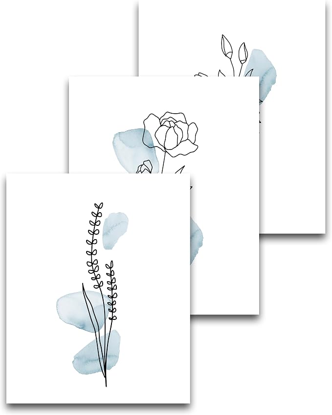 HesenDot Boho Art wall Décor,Botanical Print Set of 3, Blue Gallery Wall art,Abstract Line Watercolor Floral Home Decor,living room,bedroom