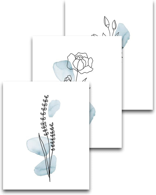 HesenDot Boho Art wall Décor,Botanical Print Set of 3, Blue Gallery Wall art,Abstract Line Watercolor Floral Home Decor,living room,bedroom