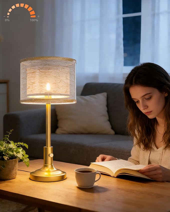 Lightdot Mid Century Table Lamp for Bedroom, Vintage Gold Dimmable Table Lamp with 2-Layer Lampshade, Farmhouse Bedside Lamp Nightstand Light for Living Room(Bulbs Included)