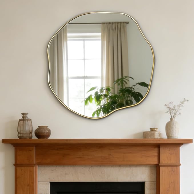 POZINO Scalloped Irregular Wall Mirror, 30" Asymmetrical Frameless Art Deco Mirror, Gold Wavy Decorative Accent Mirrors for Entryway Bedroom Fireplace Living Room, Horizontal or Vertical Hanging