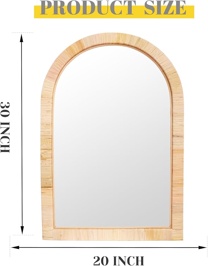 Rattan Mirror,Arch Boho Bathroom Mirror for Wall,20x30 Wicker Vanity Mirror for Nursery Décor,Coastal Farmhouse Wood Mirror for Bedroom Entryway Living Room