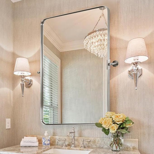 MOON MIRROR Brushed Nickel Pivot Mirror for Bathroom, Tilt Rounded Rectangle for Vanity, Overall 26.33 x 30 in (Mirror 22x 30 in)