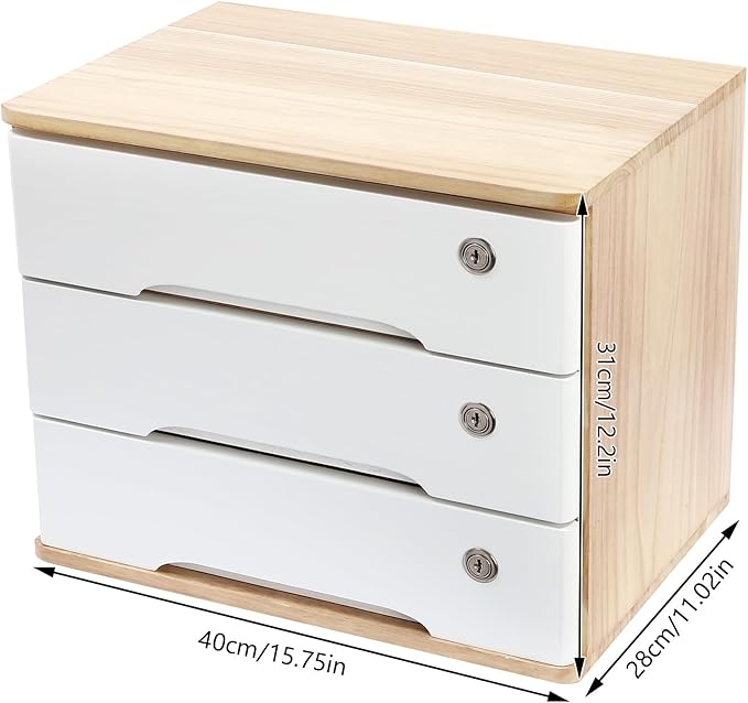 Wooden Desk Organizer with Drawers & Lock Desktop Storage Cabinet Tabletop Organizing Unit for Home Office Supplies File Stationery Jewelry (Light Brown, 3 Tiers)