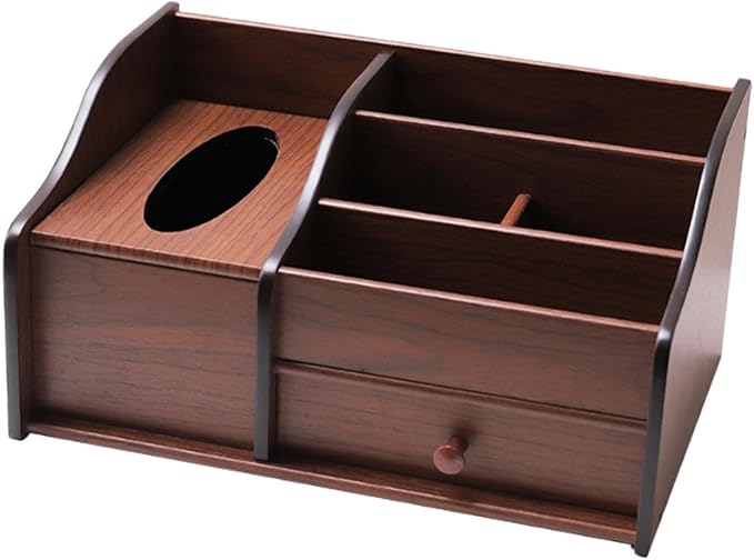 Fenteer Wood Desk Organiser with Drawer, Desk Tidy Container Case Vintage Design Tissue Box Cover Pen Holder for Living Room Counter
