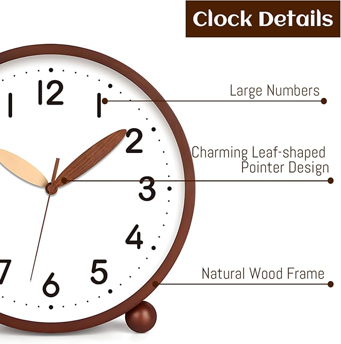 Maxspace Wooden Table Clock,8in Silent Non-Ticking Desk Clock,Battery Operated Desktop Analog Clock for Living Room Bedroom Kitchen Office Classroom Decor (Walnut - White)
